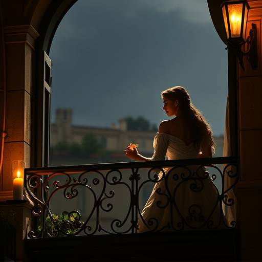 Aufführung von Romeo und Julia, mit Romeo und Julia auf dem Balkon
