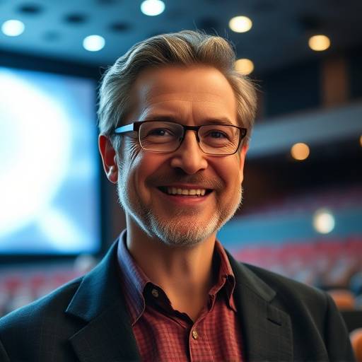 Dozent Peter Meier, lächelnd in einem Theater