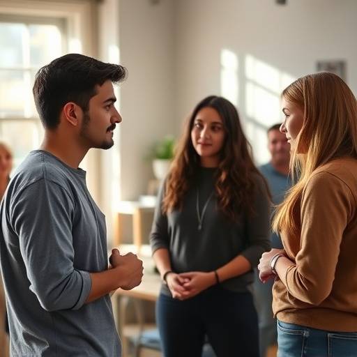 Schauspielkurs für Anfänger: Eine Gruppe von Studenten arbeitet gemeinsam an einer Szene.