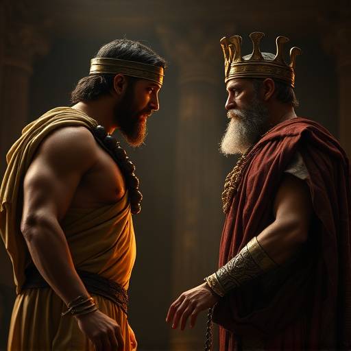 Szene aus Antigone, in der Antigone vor König Kreon steht